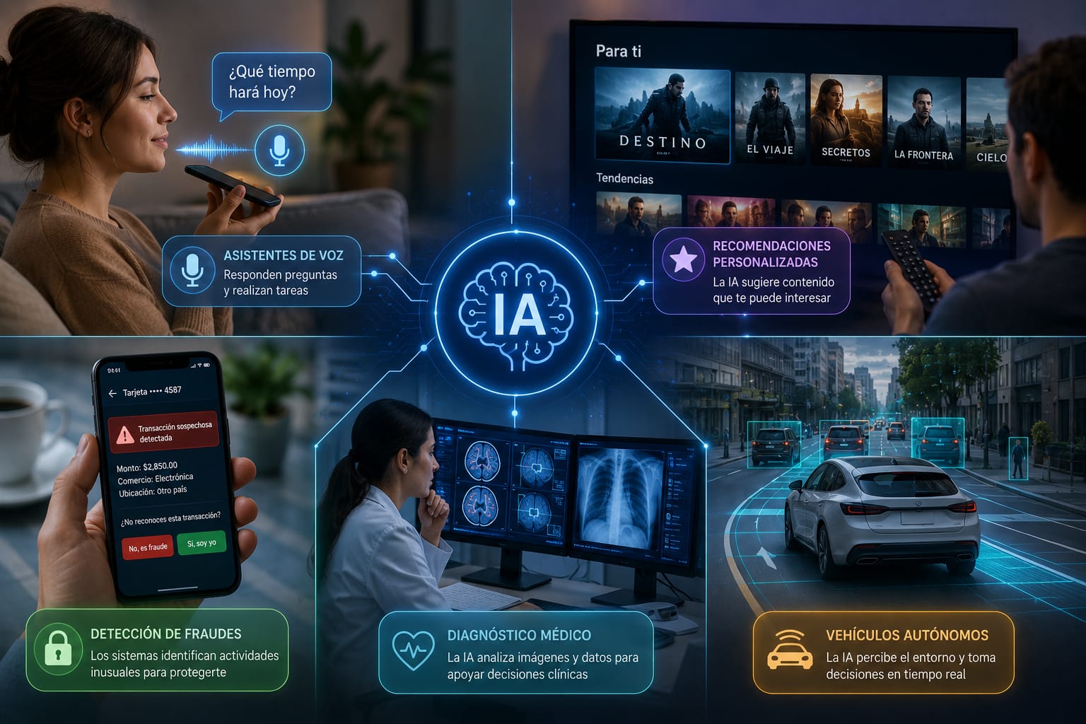 Ilustración que muestra aplicaciones cotidianas de la Inteligencia Artificial: asistentes de voz, recomendaciones en streaming, detección de fraudes, diagnóstico médico y vehículos autónomos
